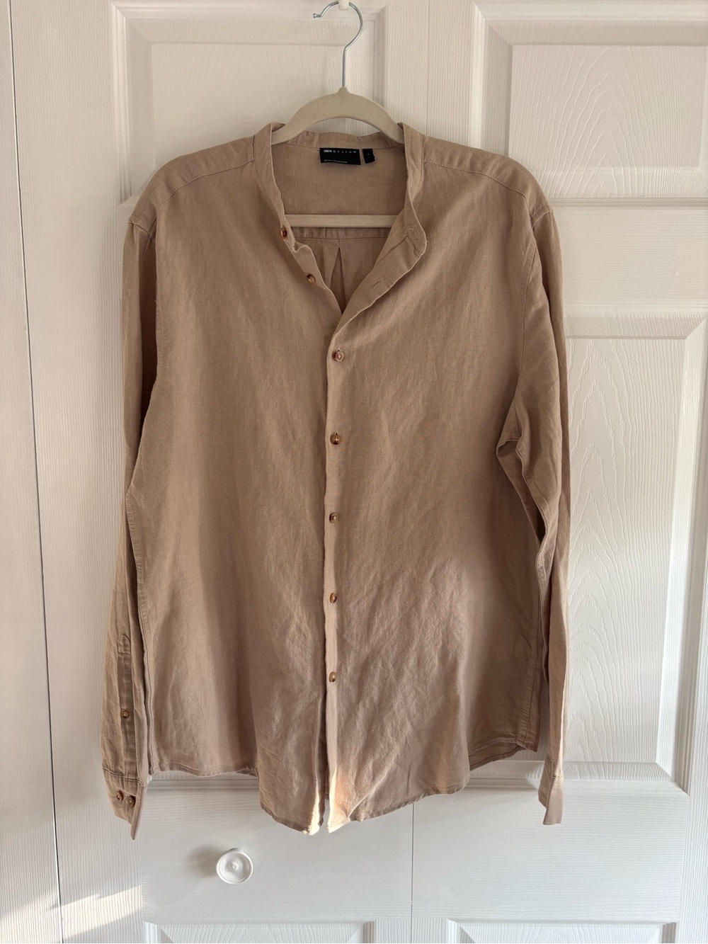 ASOS Band Collar Tan Beige Linen Shirt L 42” Chest Button Shirt Resort Cruise